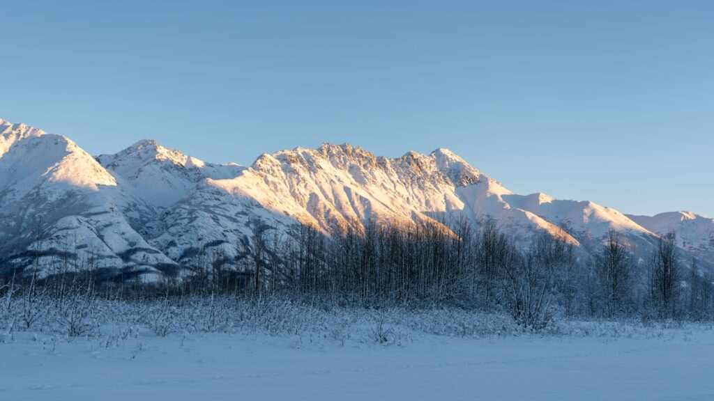 Snow-covered mountains in Anchorage, Alaska in winter