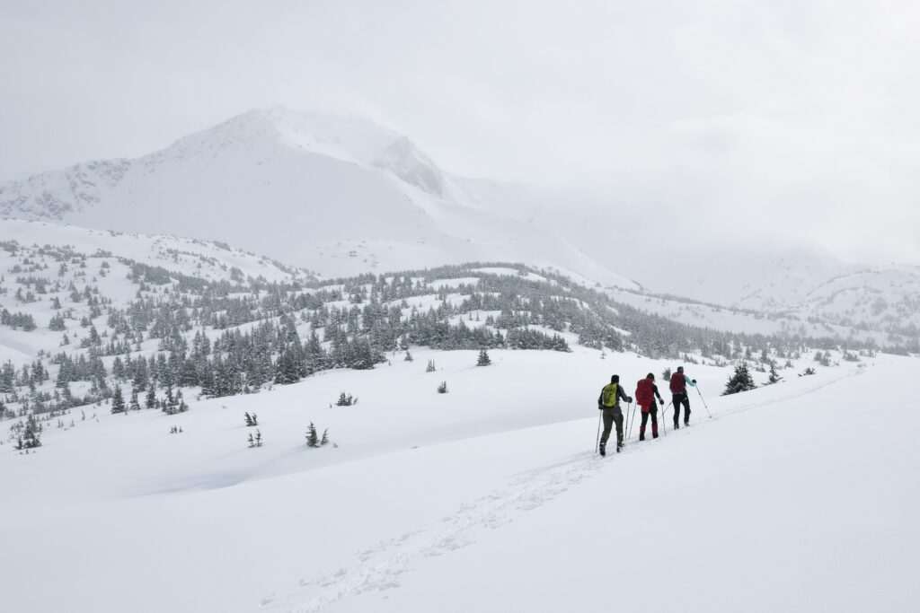 Backcountry skiers crossing snowy Chugach terrain near Anchorage
