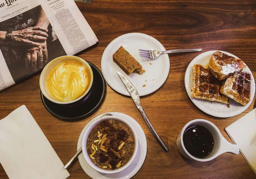 Breakfast spread with coffee and waffles for an Anchorage brunch guide