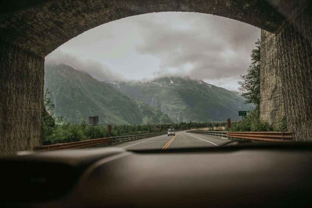 Mountain highway near Anchorage, Alaska on a clear day