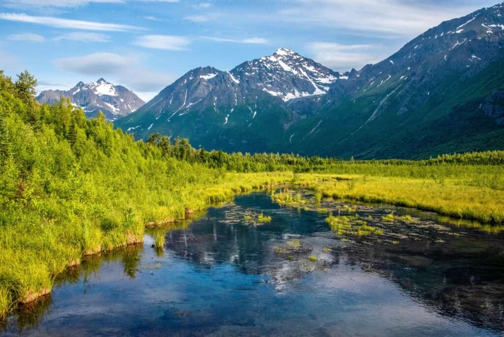 Summer view of Eagle River valley near Bear Paw Festival in Alaska