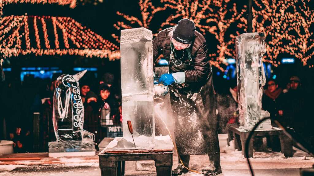 Ice sculpture scene for Fur Rondy 2026 in Anchorage