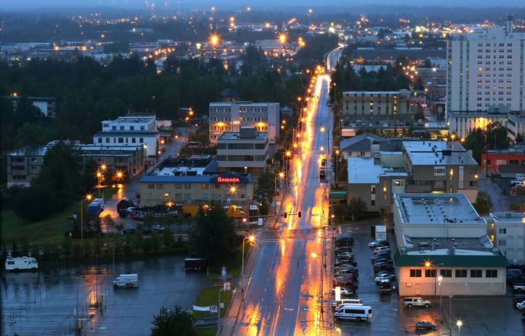 Cars on a road at night in Anchorage, Alaska